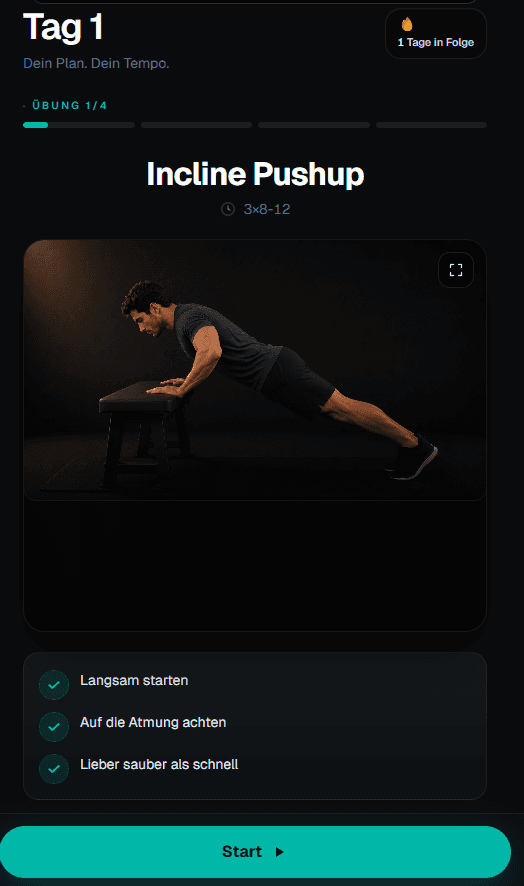 LeanTraining Workout-Ansicht mit Fortschritt